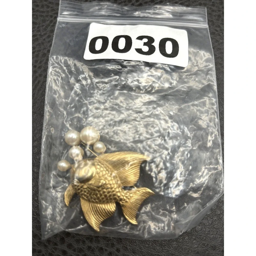 Vintage Fish Brooch Faux Pearl Bubbles Modernist Gold Tone Statement